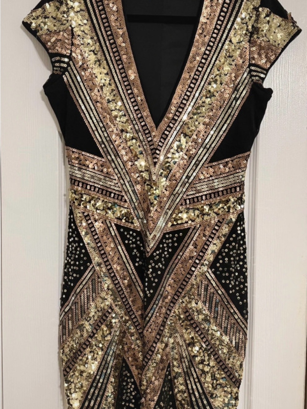 Express Black Dress with Gold Sequin V-Neck